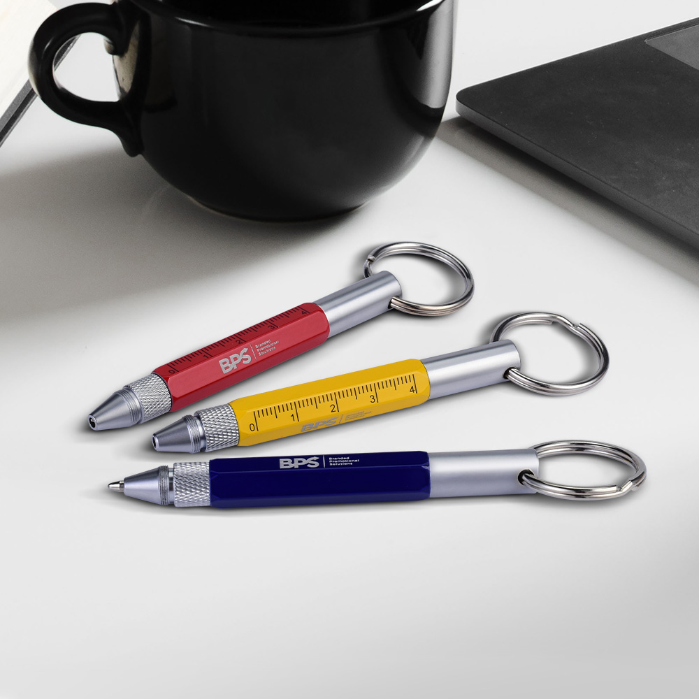 Multi Function 6-in-1 Tool Stylus Twist Pen With Key Chain Background